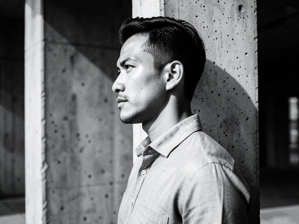 Modern urban Indonesian male silhouette against brutalist concrete walls